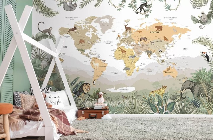 Обои «Детская карта мира с тропическими животными»